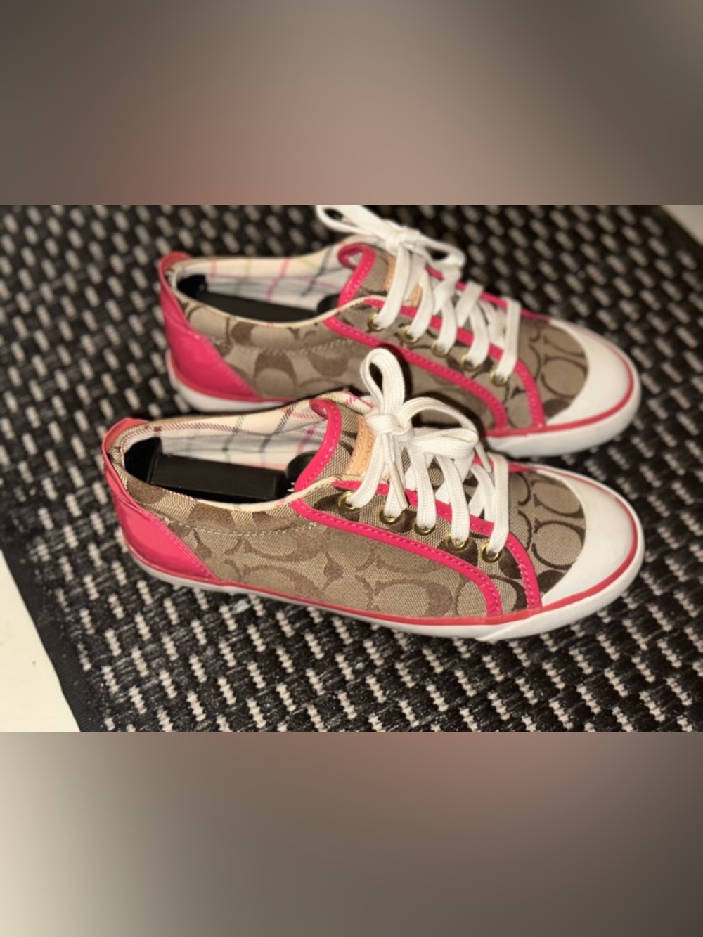 Coach Signature Canvas Sneakers in Tan & Hot Pink #Designer Sneakers Monogram